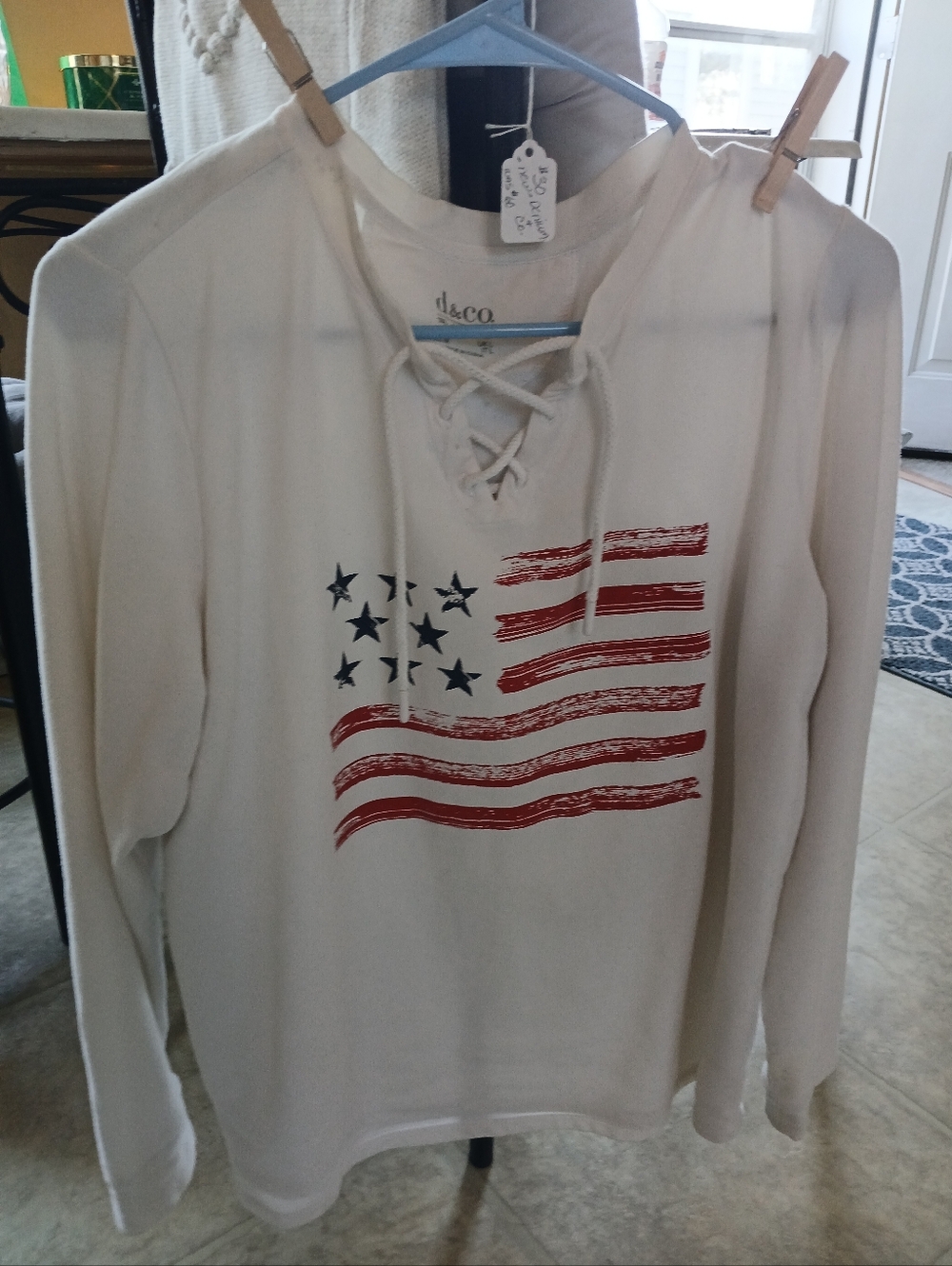 d&co Lace-Up Pullover with Distressed Flag Print - Cream/Red/Navy